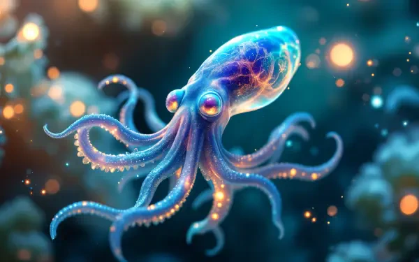 A vibrant, glowing squid with intricate details floats through a dreamy underwater scene, creating an eye-catching 4K Ultra HD desktop wallpaper and background.