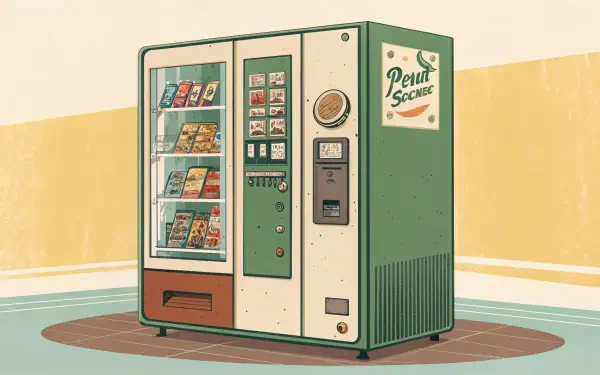 Illustration of a green vending machine displaying various snacks and beverages, set against a simple background. This 4K Ultra HD image serves as a vibrant desktop wallpaper.