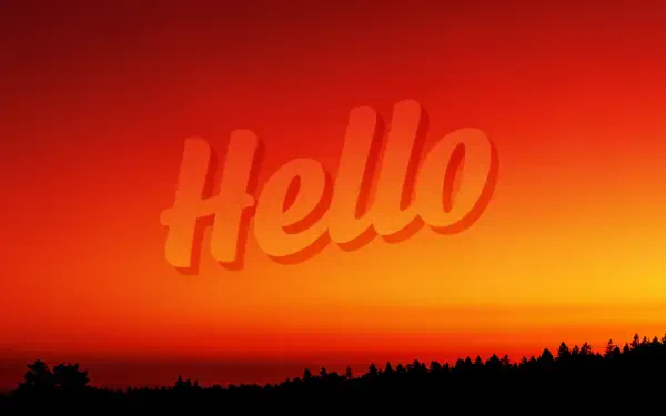 A vibrant 4K Ultra HD wallpaper featuring a warm sunset gradient with the word Hello artistically overlayed against a silhouetted landscape.