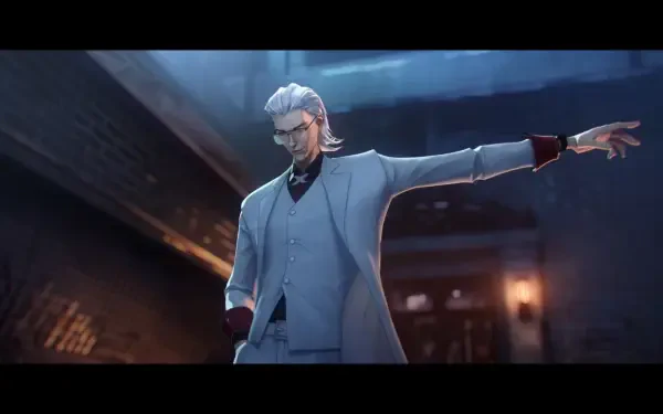 A character from the anime To Be Hero X stands confidently in a stylish suit, set against a dramatic, dimly lit background, creating a striking HD PC desktop wallpaper.