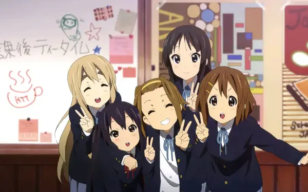 K-ON! 4K Ultra HD PC desktop wallpaper/background: five cheerful schoolgirls in uniforms pose with peace signs in a colorful music clubroom.