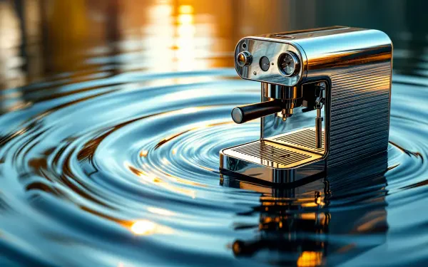 A sleek coffee machine stands in rippling water, captured in stunning 4K Ultra HD detail, creating a striking and modern desktop wallpaper.
