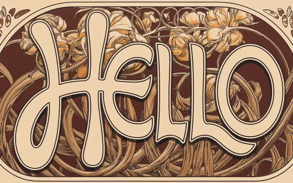 A 4K Ultra HD desktop wallpaper featuring the word Hello in a stylized font, surrounded by delicate floral designs against a warm brown background.