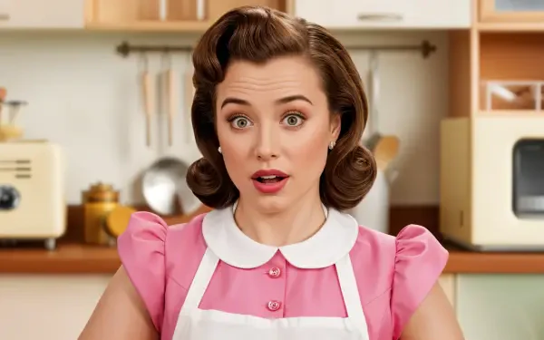A surprised woman with retro hairstyle and pink blouse displays a look of shock in a bright kitchen, serving as a vivid 4K Ultra HD PC desktop wallpaper and background.