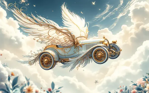 A whimsical flying car with elegant wings soars through fluffy clouds, surrounded by soft light and floral accents, showcased as a stunning 4K Ultra HD desktop wallpaper.