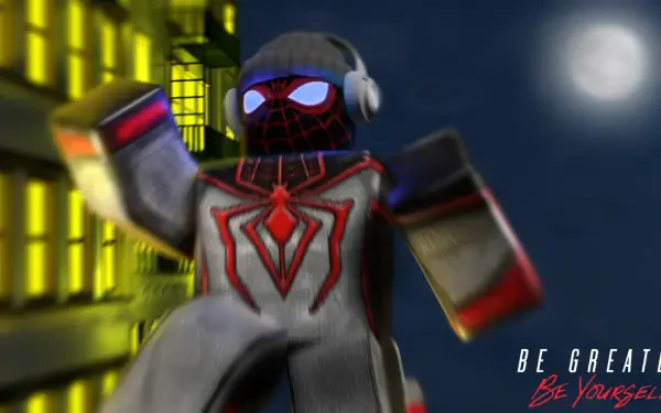 Roblox Spider-Man in a Marvel-inspired suit with headphones leaps past lit skyscrapers under a full moon — HD PC desktop wallpaper with PlayStation branding.