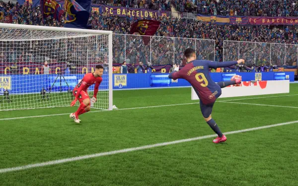 A dynamic scene from EA SPORTS FC 25 features a player in a Barcelona kit preparing to take a penalty kick, set against an energetic stadium backdrop in 4K Ultra HD.