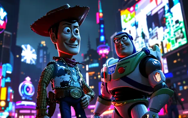 4K Ultra HD Toy Story wallpaper featuring Woody and Buzz Lightyear standing together against a vibrant, neon-lit cityscape background on a PC desktop.