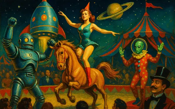A vibrant 4K Ultra HD circus wallpaper features a robot, a woman balancing on a horse, an alien in a clown suit, and a ringmaster beneath a starry sky with Saturn visible.