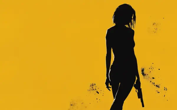 HD PC desktop wallpaper featuring a silhouette of a woman holding a gun against a bold yellow background, inspired by the movie Pulp Fiction.