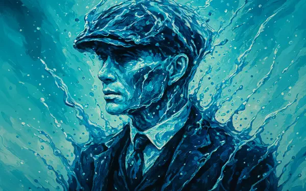 Digital 4K Ultra HD PC wallpaper of Thomas Shelby, depicted in icy blue tones with water splash effects surrounding his figure.