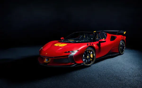 4K Ultra HD wallpaper featuring a red Ferrari SF90 Spider sports car illuminated against a dark background.