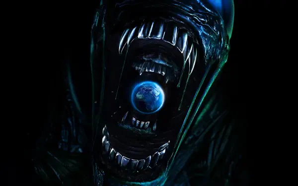 4K Ultra HD wallpaper depicting a menacing alien creature with Earth inside its open jaws, inspired by the movie Alien: Earth, designed for PC desktop backgrounds.