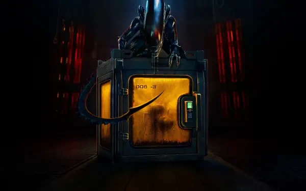 4K Ultra HD PC desktop wallpaper featuring a dark scene from the movie Alien: Earth, depicting an alien creature perched atop a yellow, industrial-looking container.