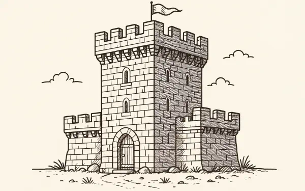 Illustration of a fortified tower with battlements and a flag, rendered in a sketch style, designed as a 4K Ultra HD PC desktop wallpaper and background.