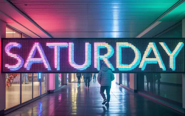 A vibrant 4K Ultra HD PC desktop wallpaper featuring a glowing neon sign displaying SATURDAY in a modern urban walkway.