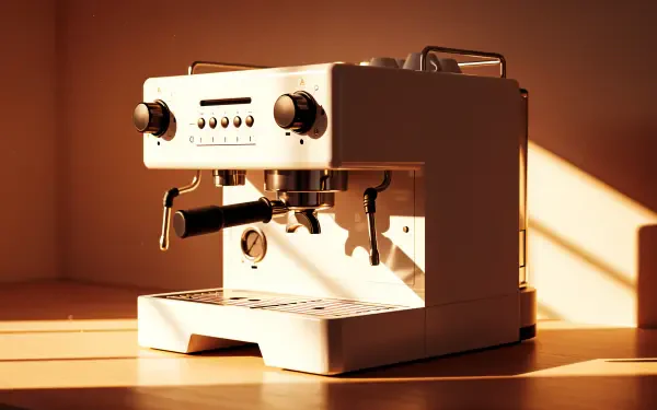 4K Ultra HD desktop wallpaper showcasing a sleek coffee machine bathed in warm sunlight on a wooden surface.