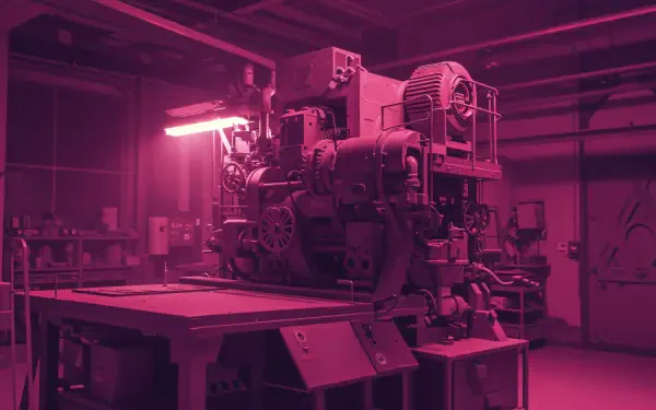 4K Ultra HD industrial design image showcasing a detailed machine in a dimly lit factory setting with pink and purple lighting, capturing mechanical complexity.