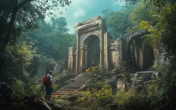 HD wallpaper of a lone explorer discovering ancient jungle ruins surrounded by dense greenery and misty atmosphere.