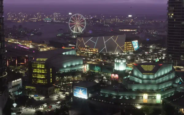 HD PC desktop wallpaper showcasing a vibrant Grand Theft Auto VI gaming environment with a detailed cityscape at night, featuring illuminated buildings and a Ferris wheel.