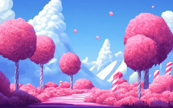 Pixel art fantasy Candy World with vibrant pink trees, candy cane trunks, and fluffy clouds under a bright blue sky, designed as an HD PC desktop wallpaper background.