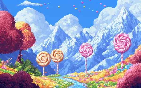 Pixel art HD desktop wallpaper depicting a fantasy Candy World with colorful lollipops, vibrant autumn trees, and towering snowy mountains under a bright blue sky.