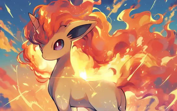 HD anime-style desktop wallpaper featuring Ponyta, the fiery Pokémon, with bright flames lighting up the background in vivid colors.