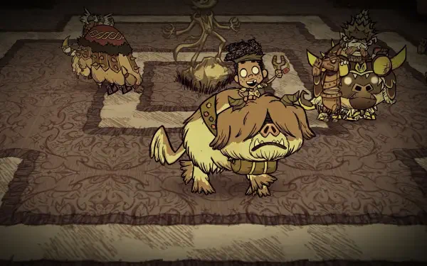 HD desktop wallpaper from the video game Don't Starve Together, featuring stylized characters and creatures in a dark, detailed environment.