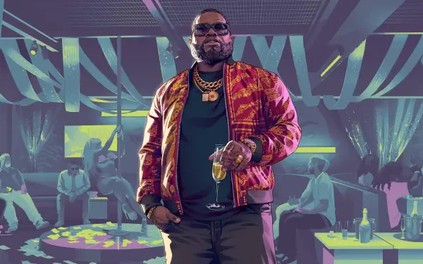 Grand Theft Auto VI 4K Ultra HD PC desktop wallpaper: suave man in red jacket and gold chains holding a cocktail in a neon-lit nightclub lounge.