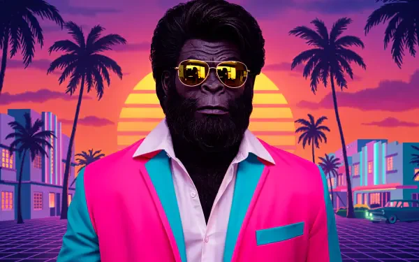 4K Ultra HD PC desktop wallpaper featuring a stylized Bigfoot in retro neon sunglasses and a vibrant Miami Vice-inspired suit against a vivid sunset cityscape.