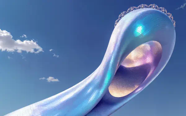 A surreal architectural structure with smooth, flowing curves and iridescent surfaces against a clear blue sky, captured in striking 4K Ultra HD detail for PC desktops.