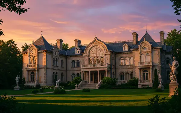 4K Ultra HD desktop wallpaper showcasing a grand mansion bathed in warm sunset light, surrounded by lush greenery and elegant statues.