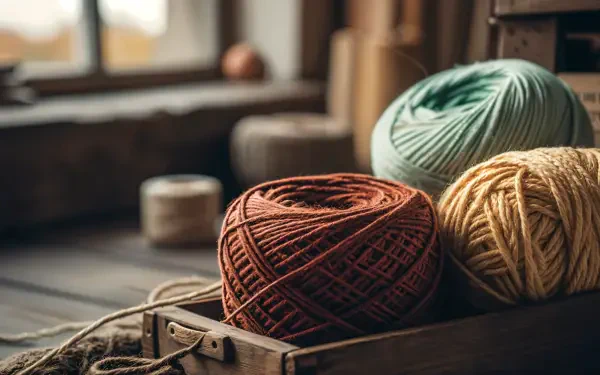 Close-up of three yarn balls in earthy tones on a wooden surface, captured in 4K Ultra HD for a detailed PC desktop wallpaper background.