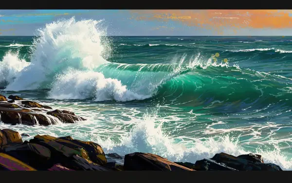 4K Ultra HD PC desktop wallpaper capturing powerful ocean waves crashing against rocky shore under a vibrant sky.