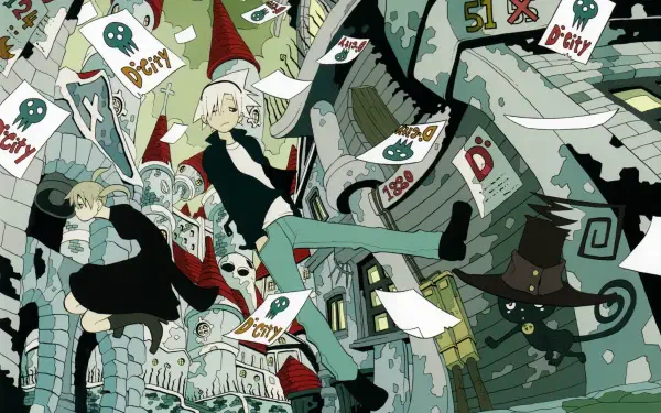 HD anime wallpaper featuring Soul Evans and Maka Albarn from Soul Eater amidst floating papers with skull and D symbols in a surreal, stylized urban background.