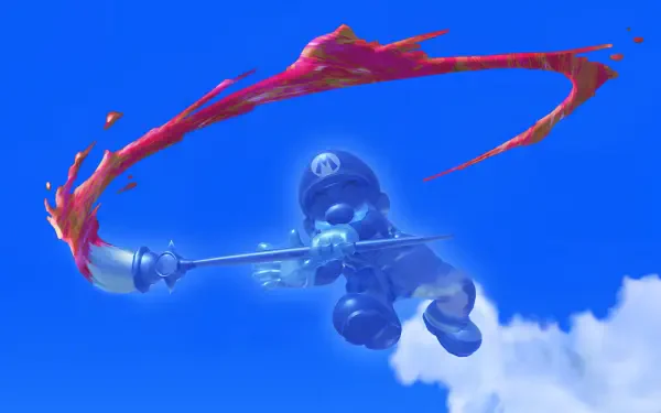 HD PC desktop wallpaper of Mario wielding a brush, painting a bold red stroke against a vivid blue sky in a dynamic video game scene.