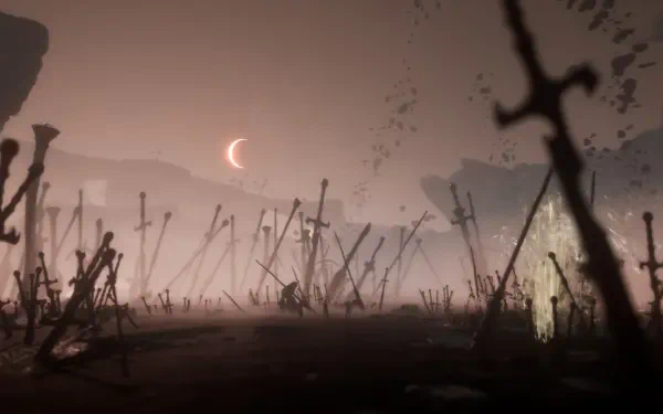 4K Ultra HD PC wallpaper from the video game Clair Obscur: Expedition 33, featuring a misty battlefield scattered with silhouetted swords under a crescent moon.