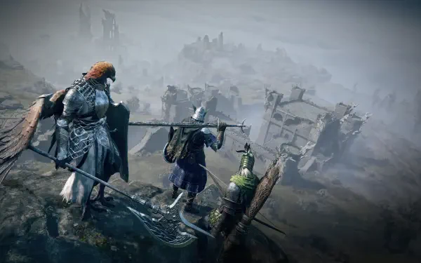 Elden Ring Nightreign warrior overlooking a foggy battlefield, captured in stunning 4K Ultra HD for PC desktop wallpaper and background.