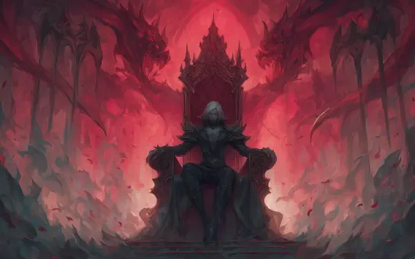 HD PC desktop wallpaper featuring a dark vampire seated on a menacing throne amid a red, fiery, and gothic atmosphere.