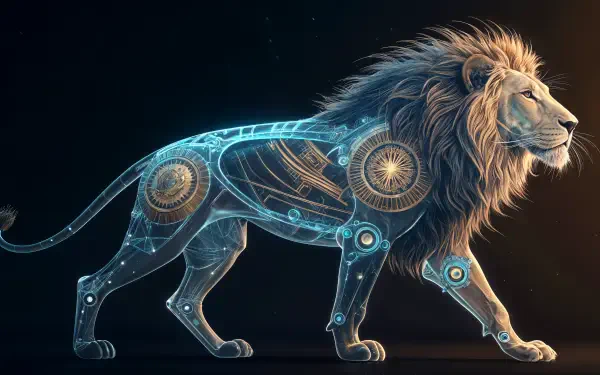 4K Ultra HD PC desktop wallpaper featuring a futuristic, mechanical lion symbolizing the Leo astrology sign with intricate glowing gears and circuitry.