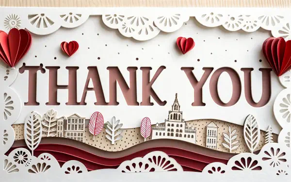 4K Ultra HD PC desktop wallpaper featuring a Thank You message with intricate paper-cut designs of hearts and a cityscape in warm tones.