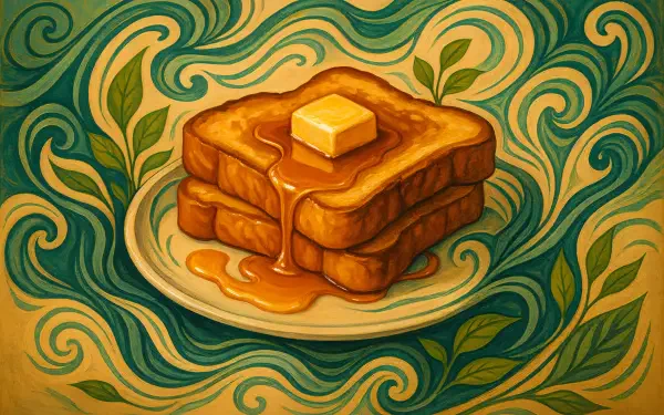 A 4K Ultra HD PC wallpaper featuring a stylized stack of French toast with melting butter and syrup, set against a swirling, decorative background.