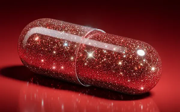 A sparkling red pill capsule on a glossy surface, rendered in 4K Ultra HD as a vibrant PC desktop wallpaper.
