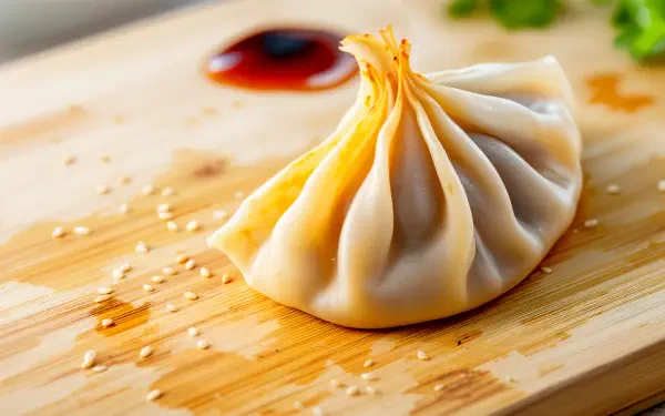 Close-up of a single steamed potsticker on a wooden board with a dipping sauce in the background, captured in vibrant 4K Ultra HD for PC desktop wallpaper.