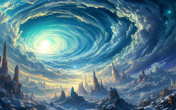 4K Ultra HD desktop wallpaper depicting a vivid exoplanet landscape with towering spires beneath a swirling, luminous sky of clouds and stars.
