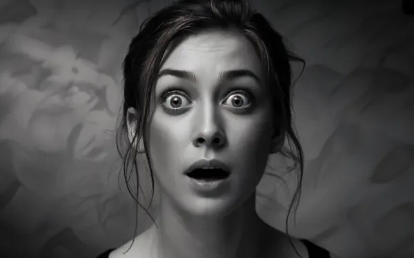 Black and white 4K Ultra HD PC desktop wallpaper of a woman with wide eyes and open mouth, expressing surprise against a blurred background.