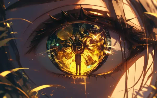 Close-up of a golden anime eye reflecting a detailed scene with an anime girl, rendered in HD quality as a striking PC desktop wallpaper.