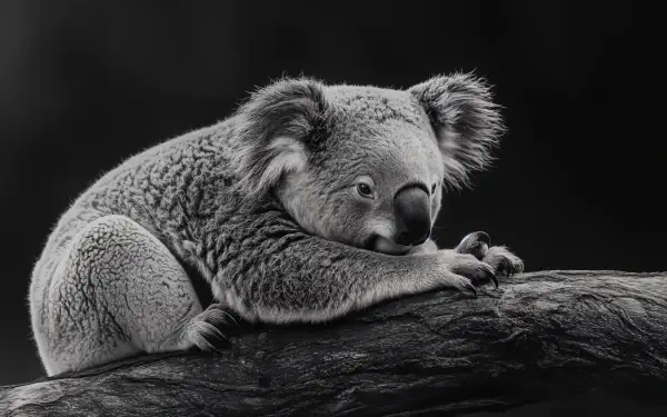 A close-up black and white 4K Ultra HD image of a koala resting on a tree branch, featured as a PC desktop wallpaper and background.