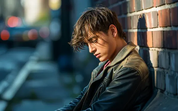 A tired young man leans against a brick wall, captured in sharp detail for a 4K Ultra HD PC desktop wallpaper and background.