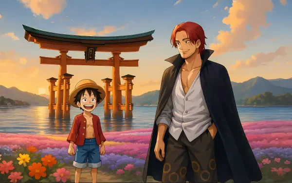 Anime 8K Ultra HD PC wallpaper of One Piece: Monkey D. Luffy laughing beside Shanks by a torii gate over water at sunset, vibrant flower fields and distant mountains in the background.